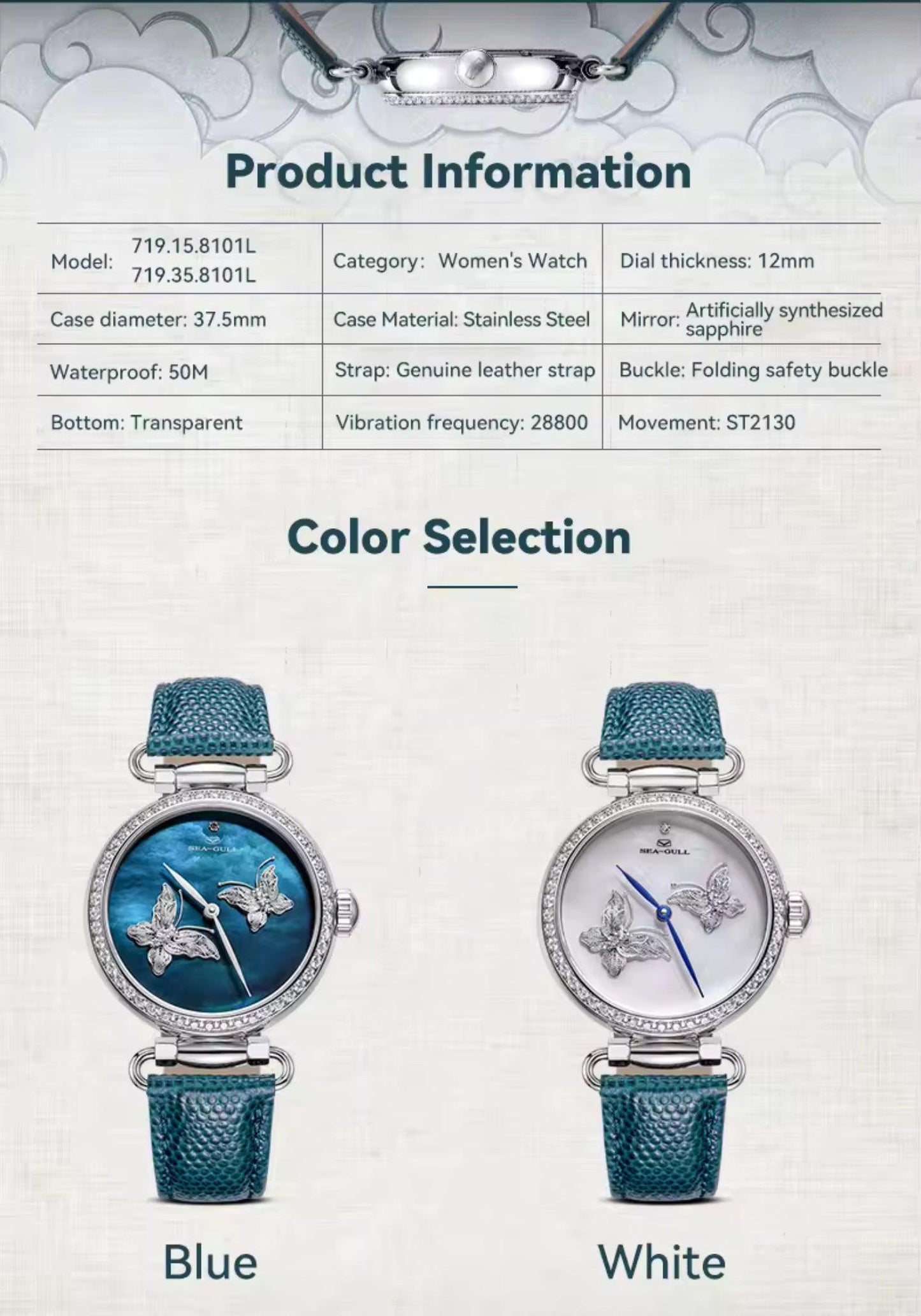 Sea-Gull perfect gift for women, crystal pearl Butterfly Filigree Craft Lady Watch - ARI