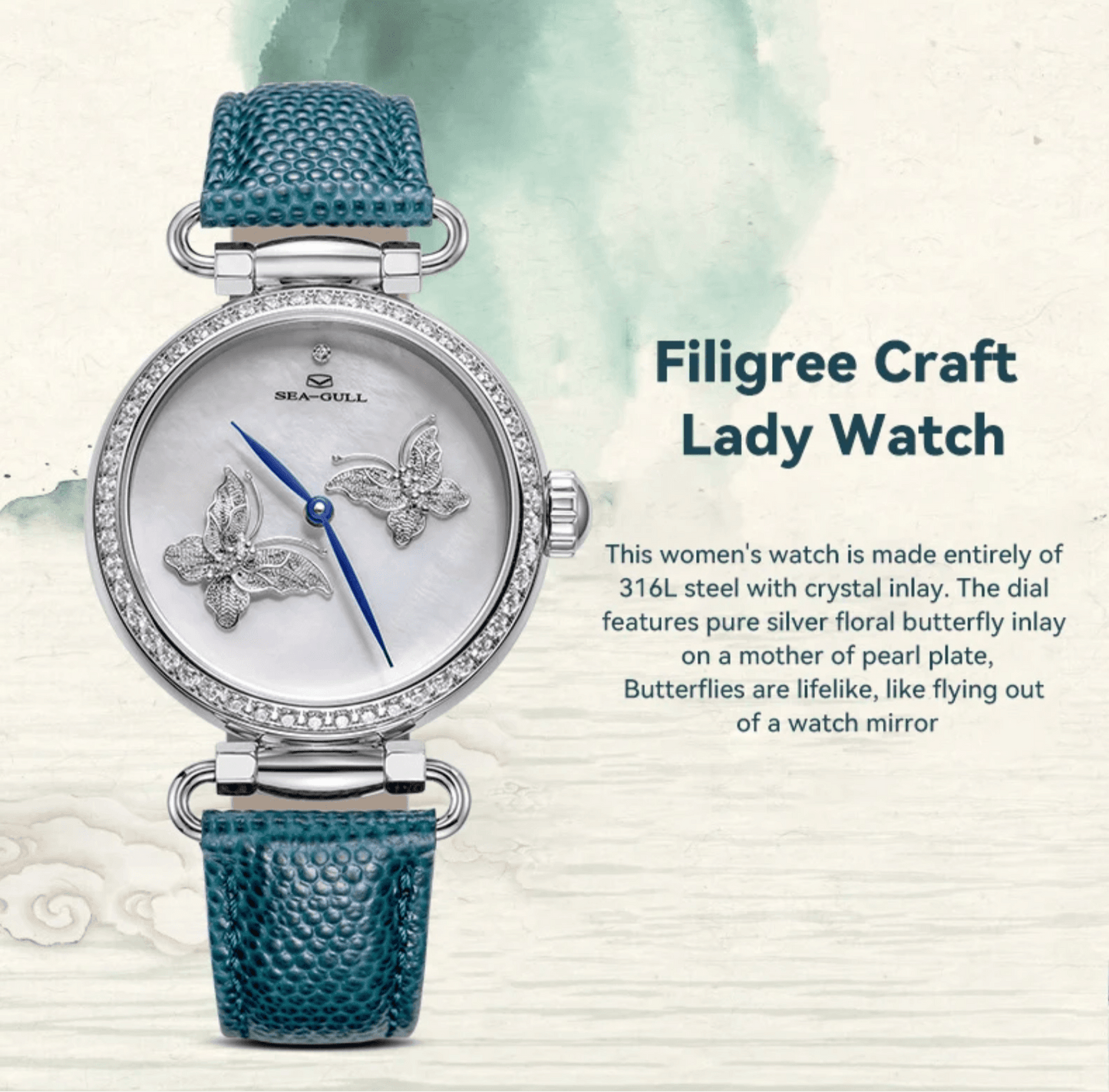 Sea-Gull perfect gift for women, crystal pearl Butterfly Filigree Craft Lady Watch - ARI