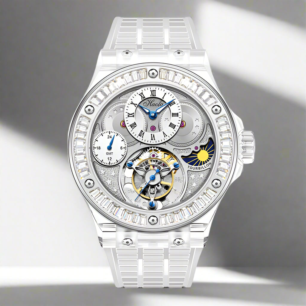 GMT Haofa tourbillon timepiece k9 crystal body sapphire lens day/night feature watch