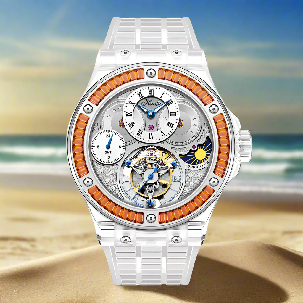 GMT Haofa tourbillon timepiece k9 crystal body sapphire lens day/night feature watch