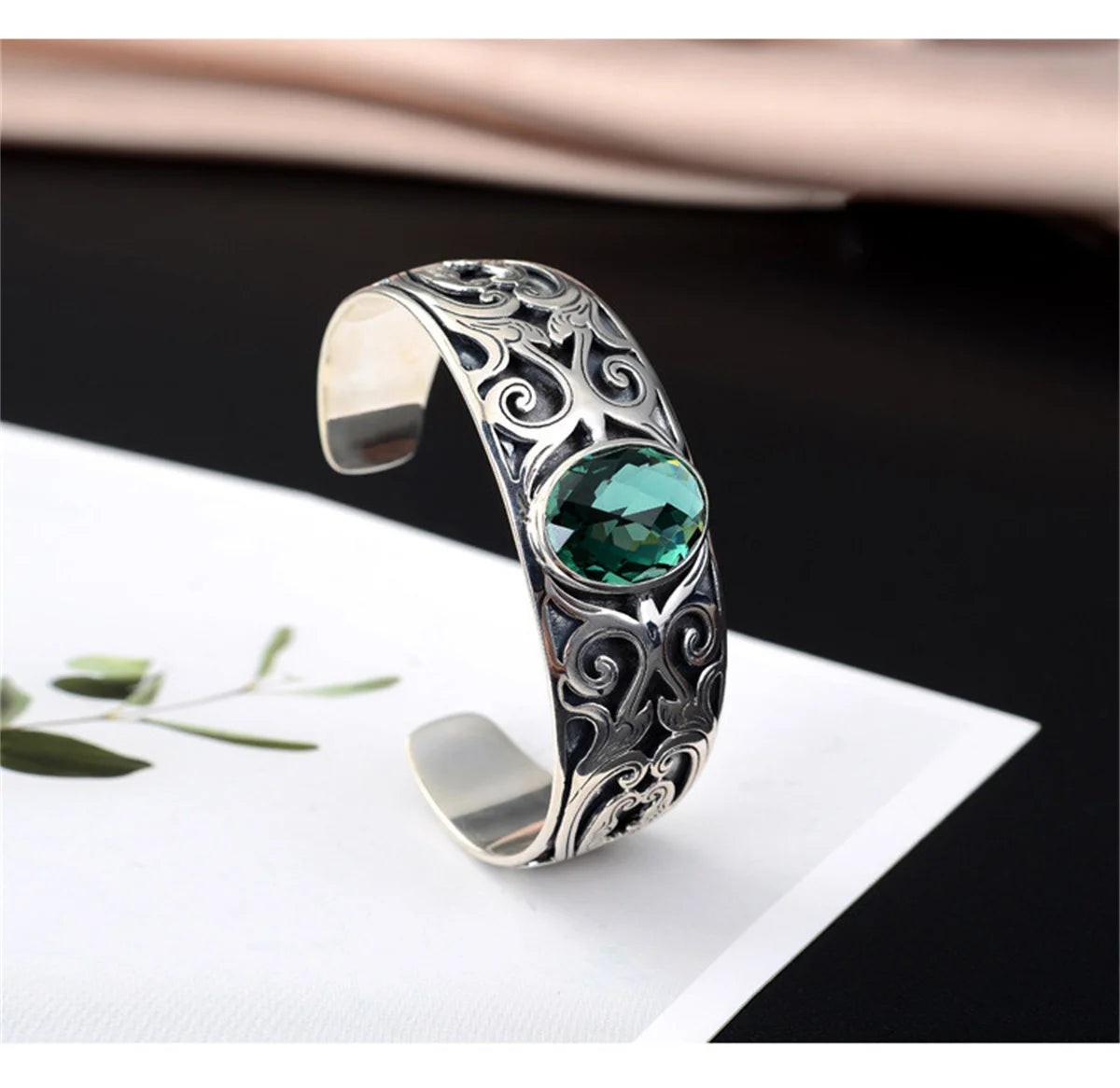 925 sterling silver vine totem charm with green crystal handcrafted bangle gift
