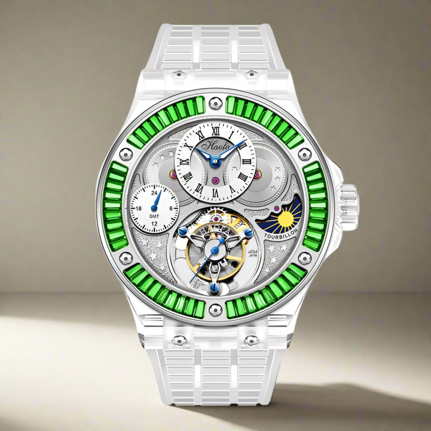 GMT Haofa tourbillon timepiece k9 crystal body sapphire lens day/night feature watch