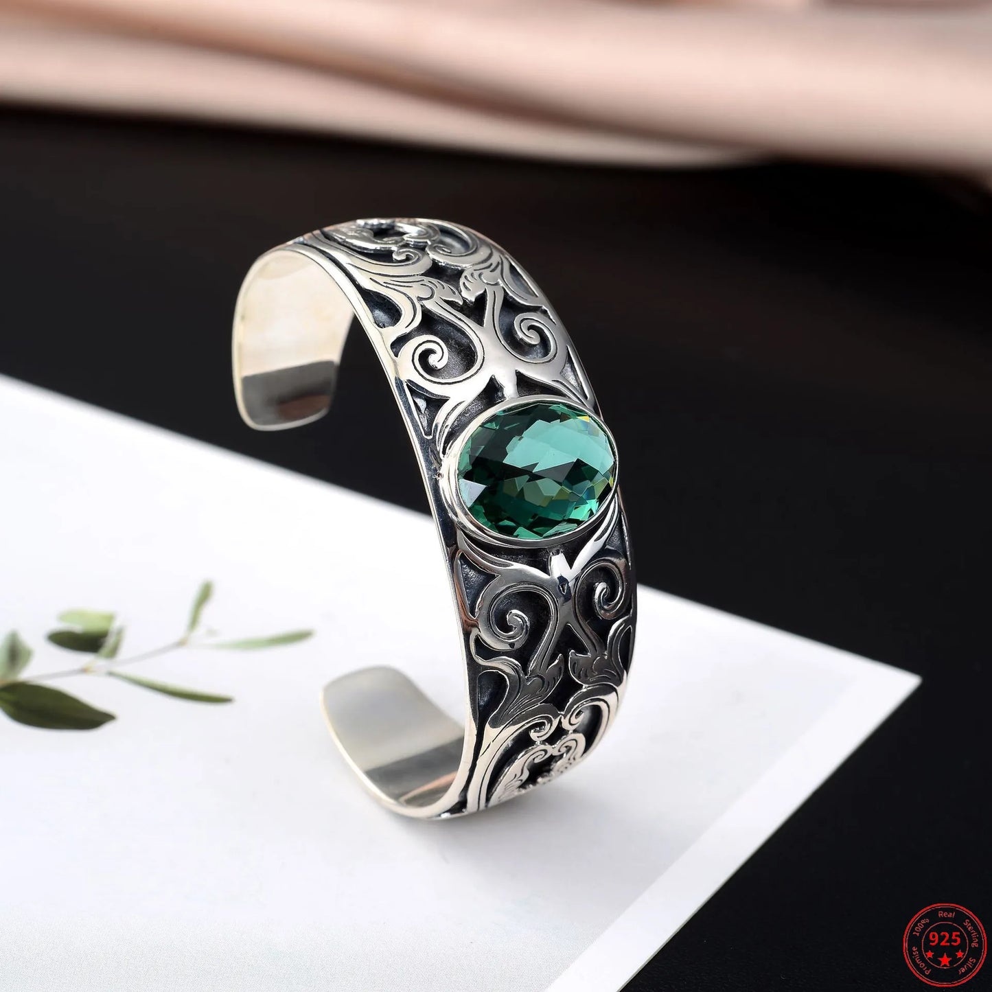 925 sterling silver vine totem charm with green crystal handcrafted bangle gift