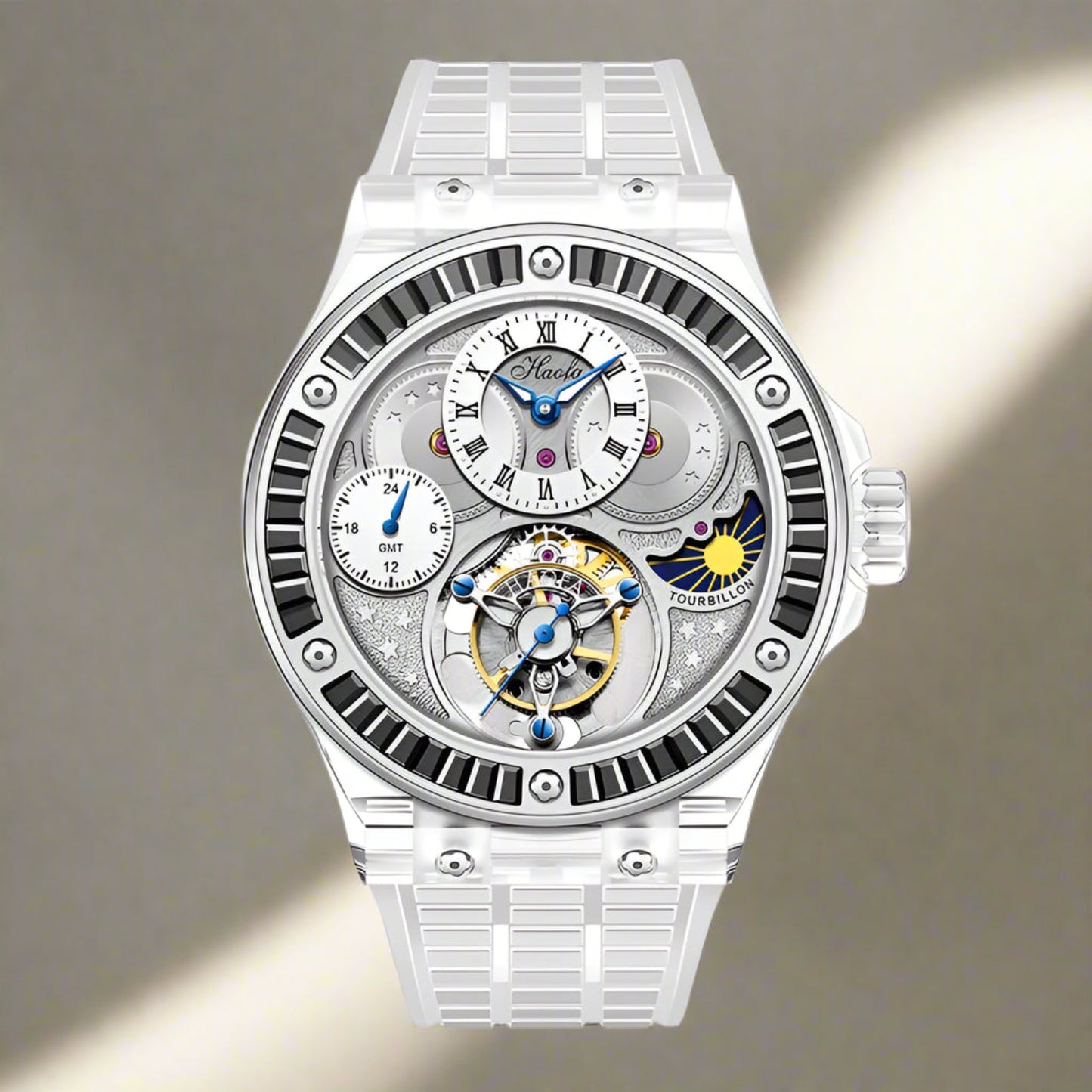 GMT Haofa tourbillon timepiece k9 crystal body sapphire lens day/night feature watch