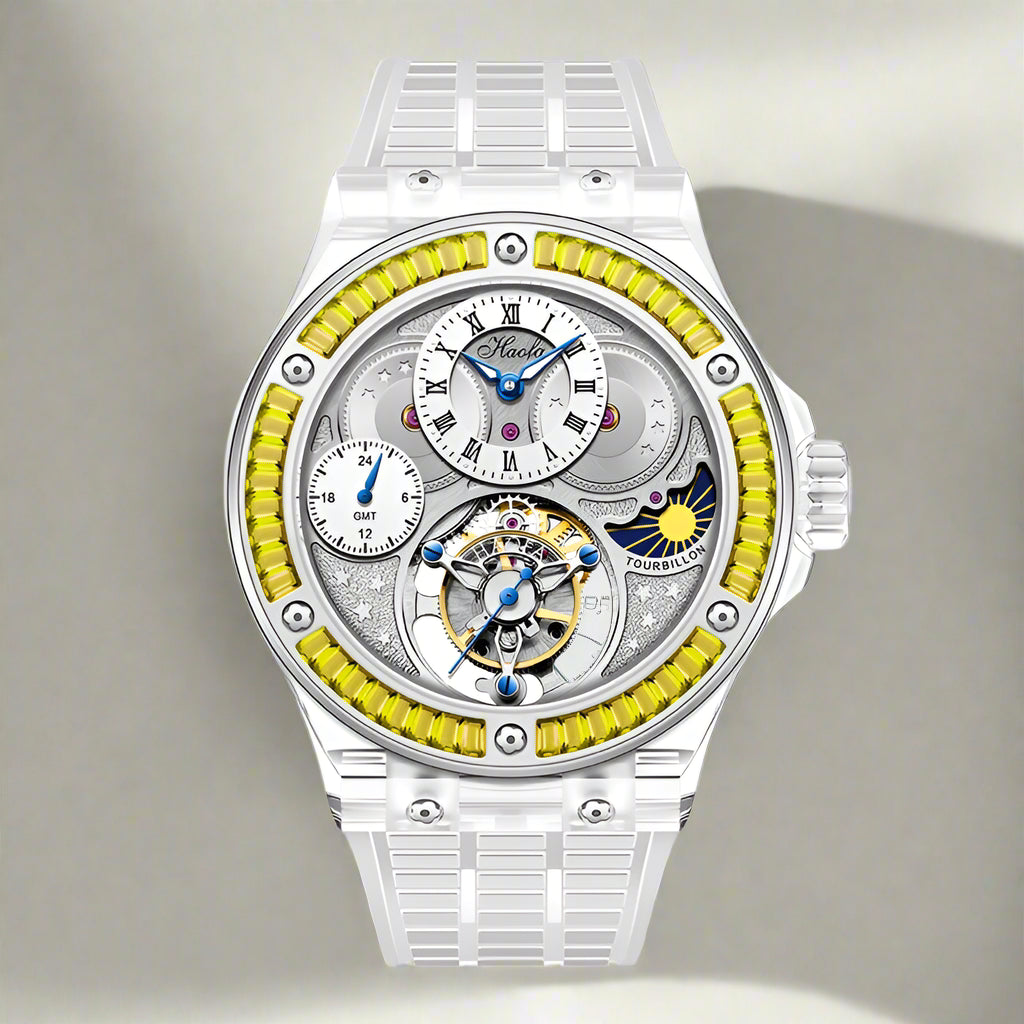 GMT Haofa tourbillon timepiece k9 crystal body sapphire lens day/night feature watch