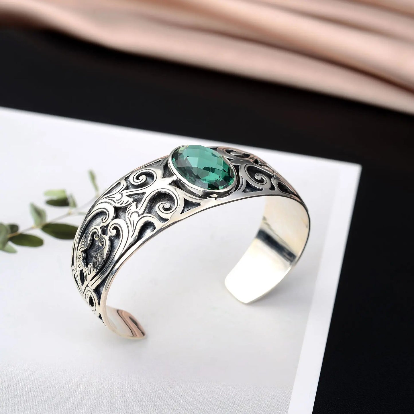 925 sterling silver vine totem charm with green crystal handcrafted bangle gift