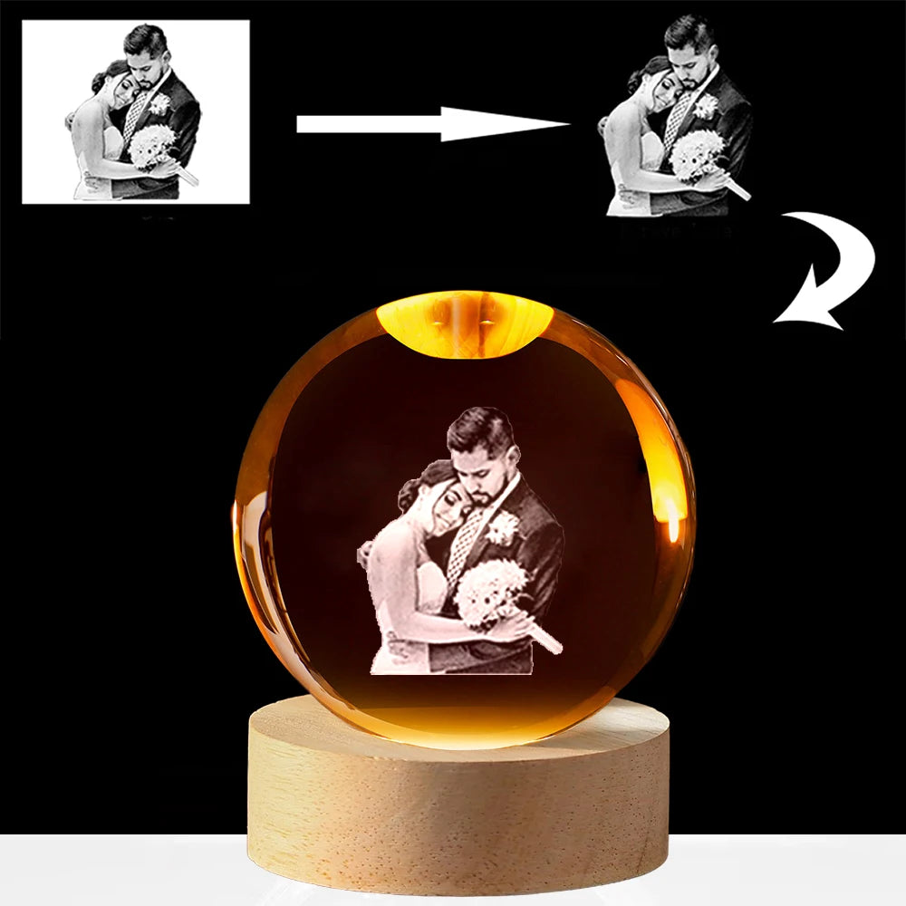 Custom your photo crystal ball night light led gift for couple pet or wedding