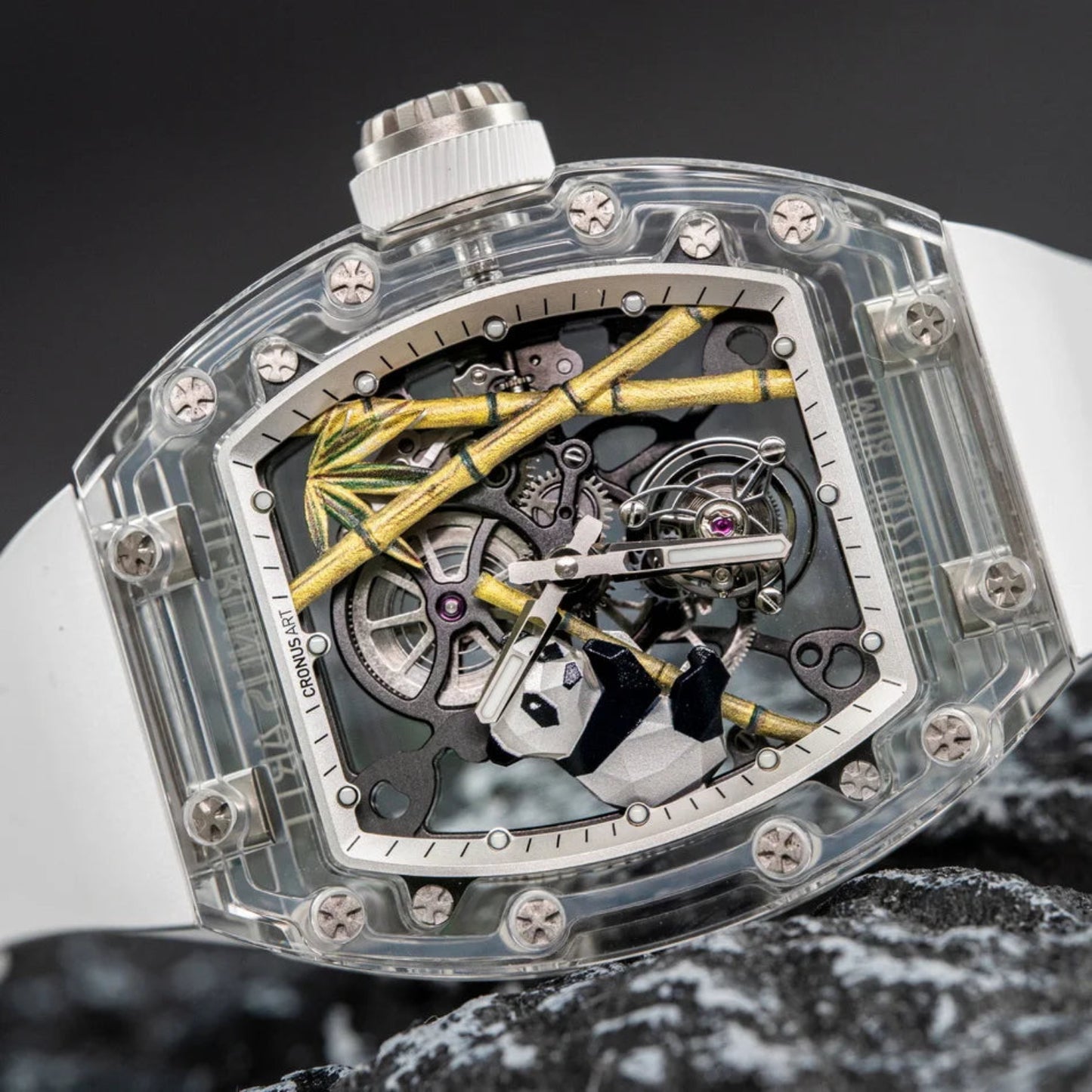 CRONUSART tonneau skeleton tourbillon watch with sapphire case and rubber strap