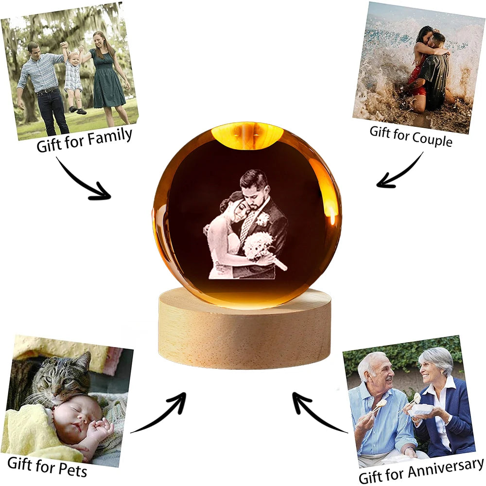 Custom your photo crystal ball night light led gift for couple pet or wedding