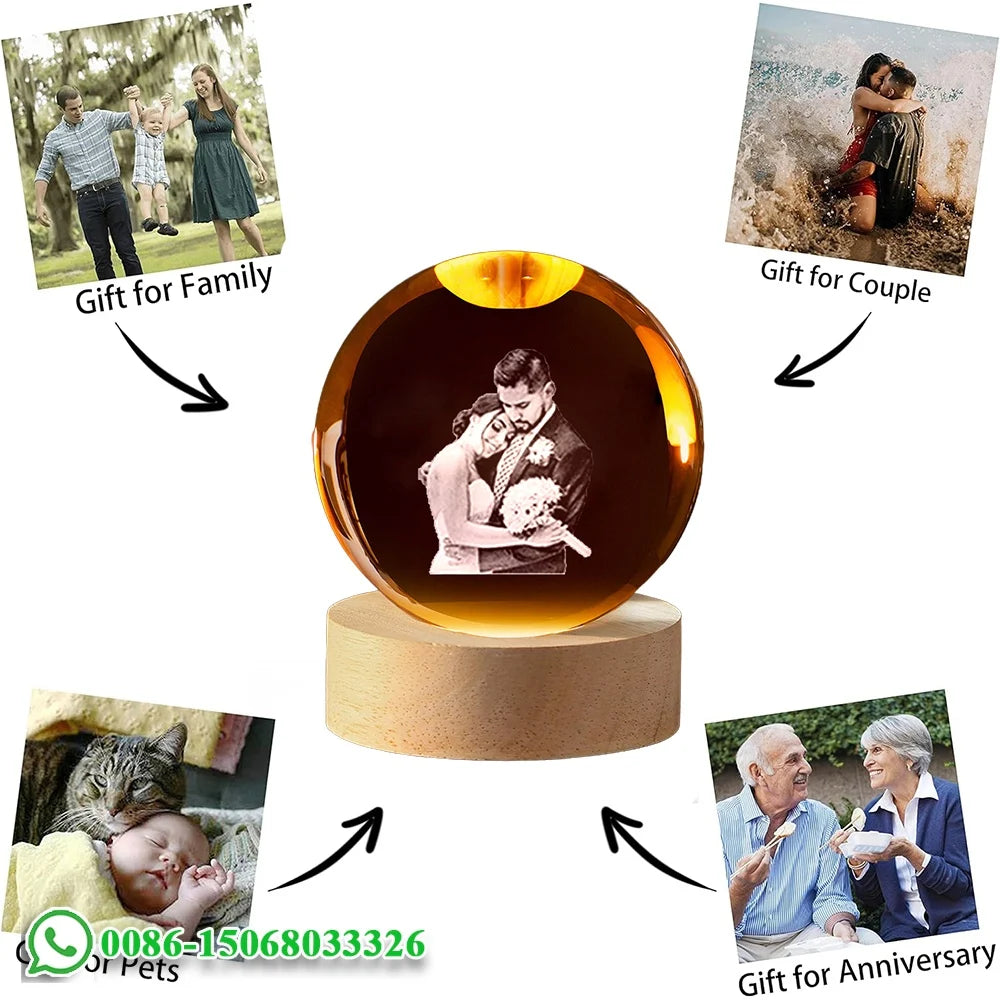 Custom your photo crystal ball night light led gift for couple pet or wedding