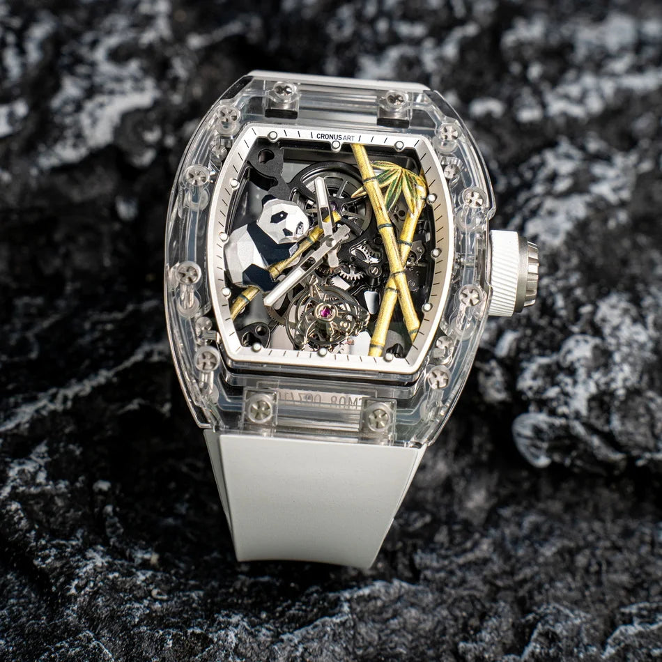 CRONUSART skeleton tourbillon watch with sapphire case and rubber strap