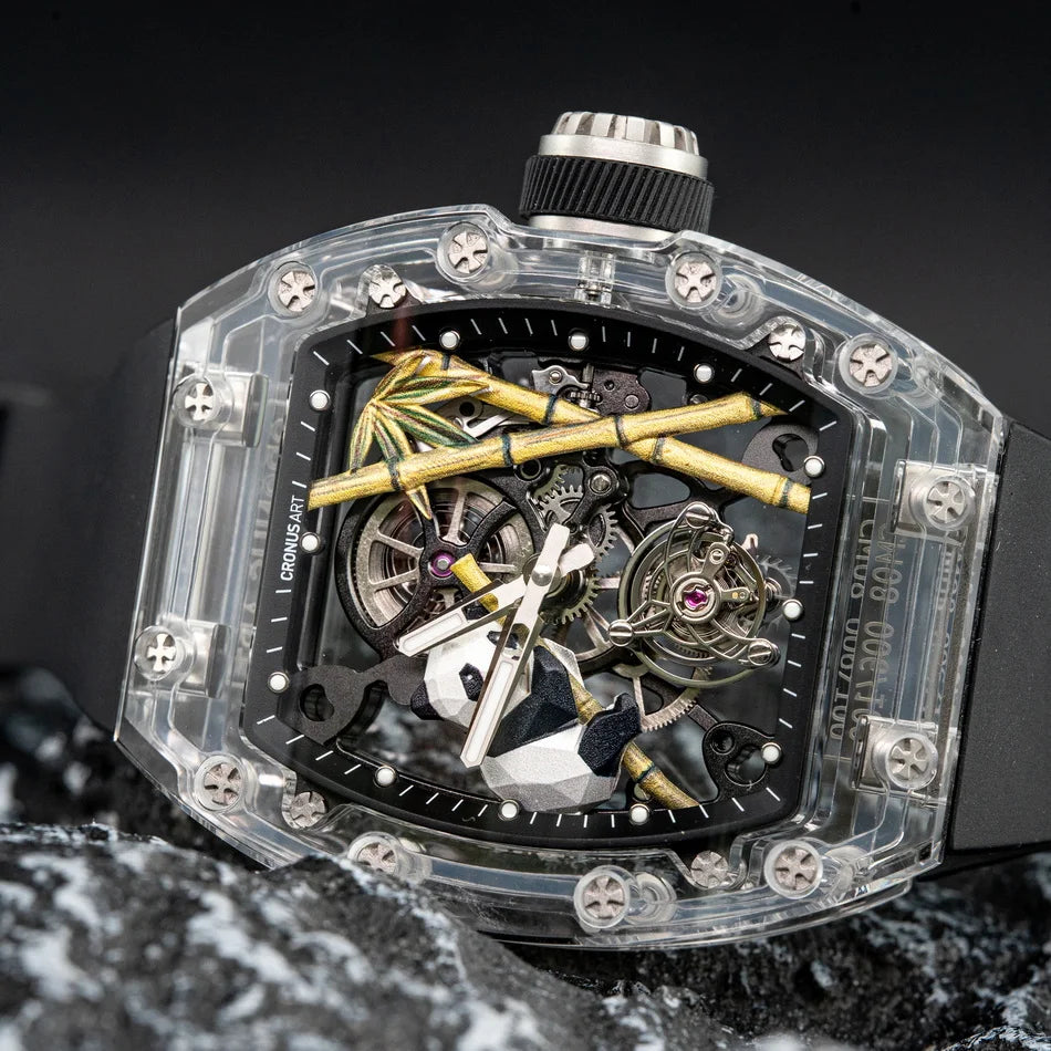 CRONUSART skeleton tourbillon watch with sapphire case and rubber strap