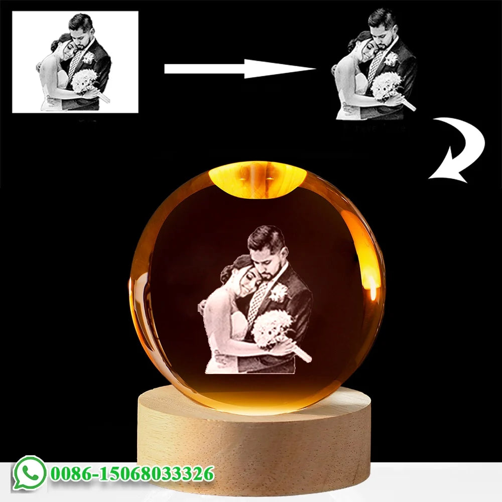Custom your photo crystal ball night light led gift for couple pet or wedding