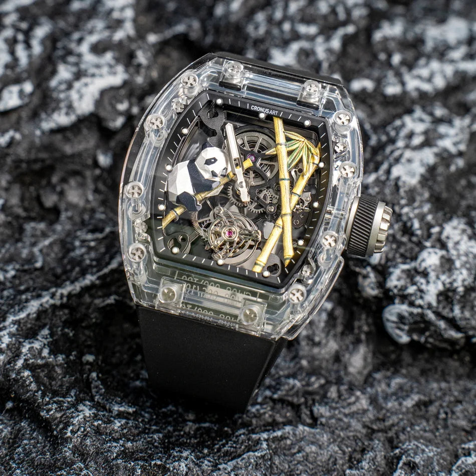 CRONUSART skeleton tourbillon watch with sapphire case and rubber strap