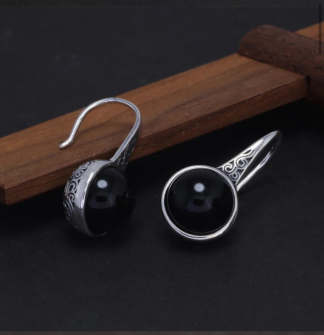 925 Sterling Silver women round natural stone simple vintage earrings fashion jewellery - ARI