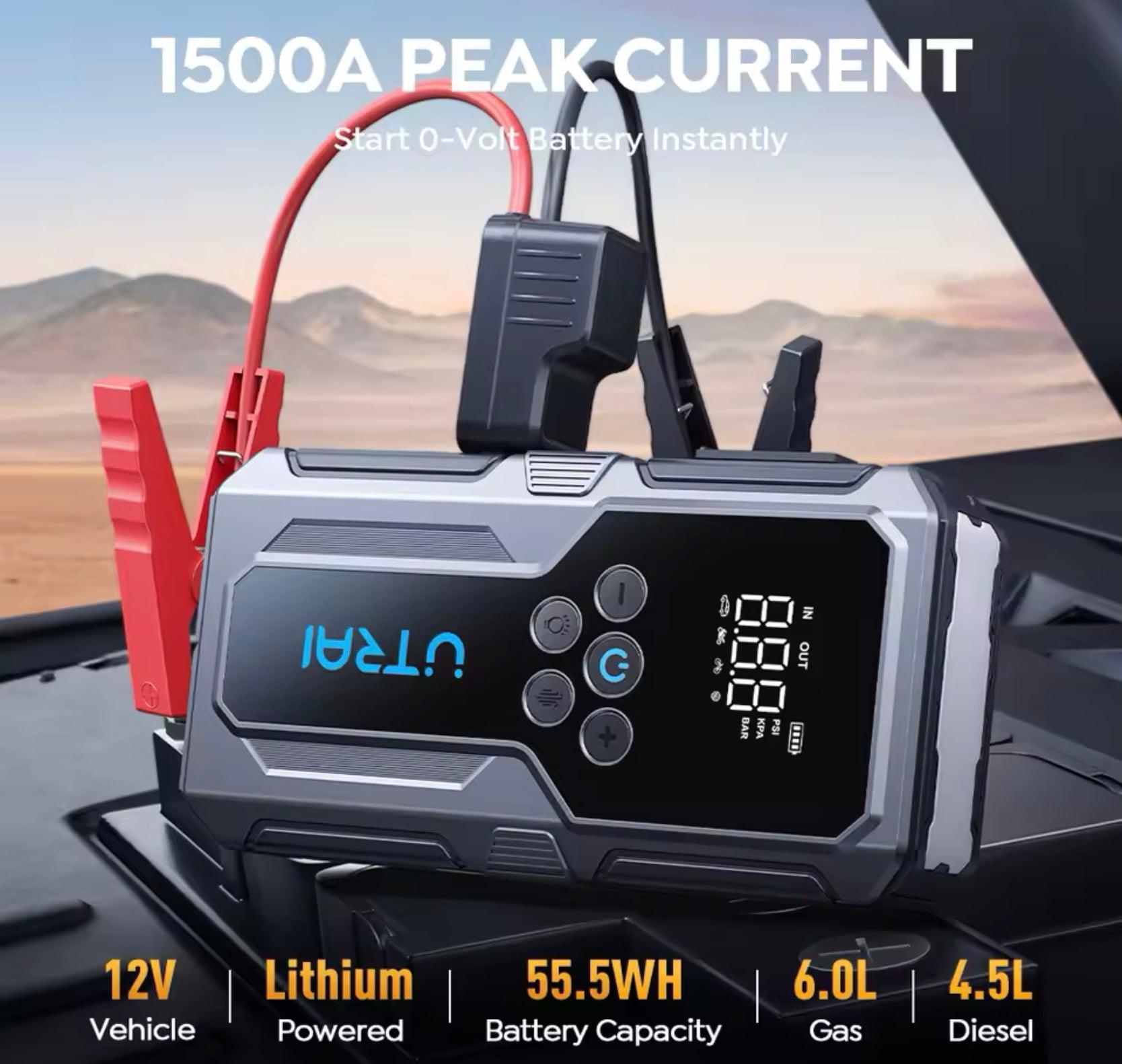 utrai 150psi air pump car battery emergency boosters, 1500a car jump starter power bank, portable starting device car starter, new - ARI