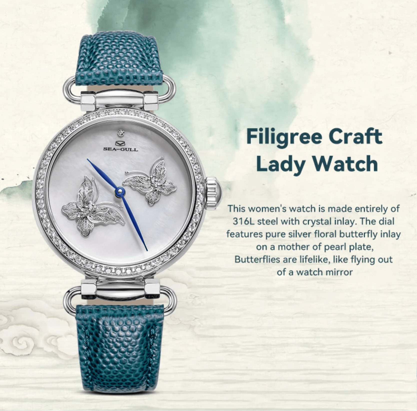 Sea-Gull perfect gift for women, crystal pearl Butterfly Filigree Craft Lady Watch - ARI
