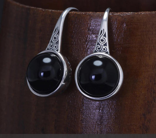 925 Sterling Silver women round natural stone simple vintage earrings fashion jewellery - ARI