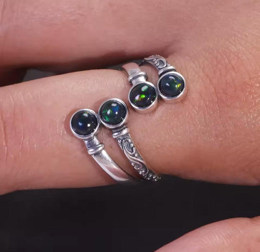 Natural Opal Ring for Women Real S925 Sterling Silver Vintage Style Opening Type Female Charm Jewelry - ARI
