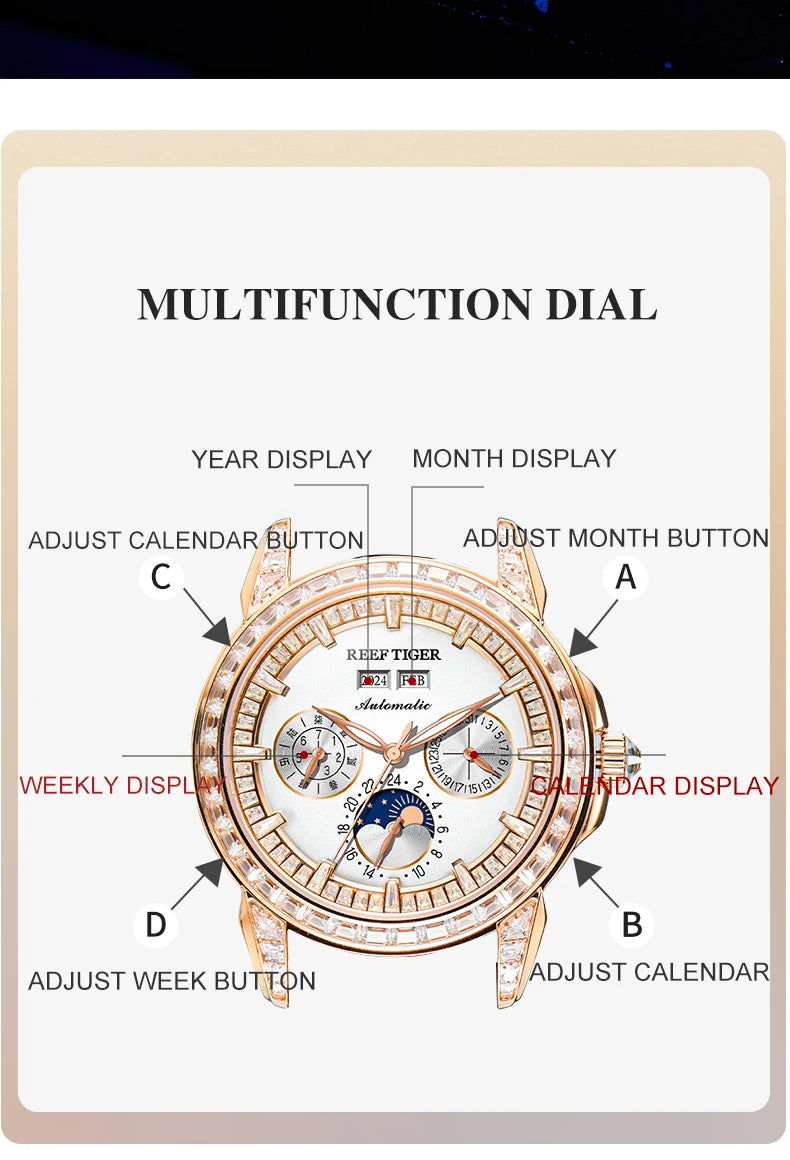automatic moonphase  watch by reef tiger diamonds bezel, blue dial