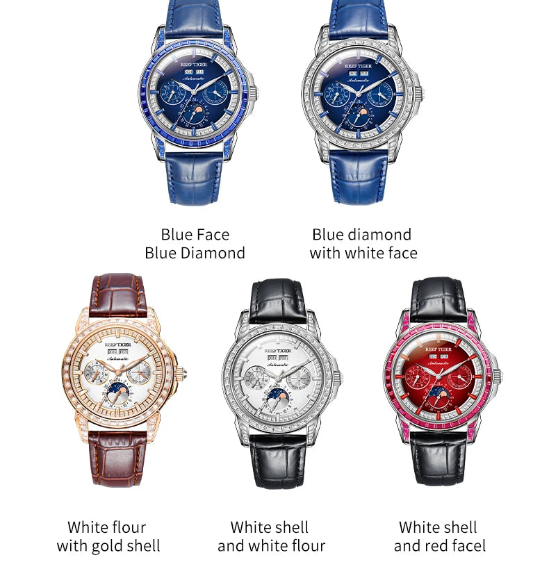 automatic moonphase  watch by reef tiger diamonds bezel, blue dial