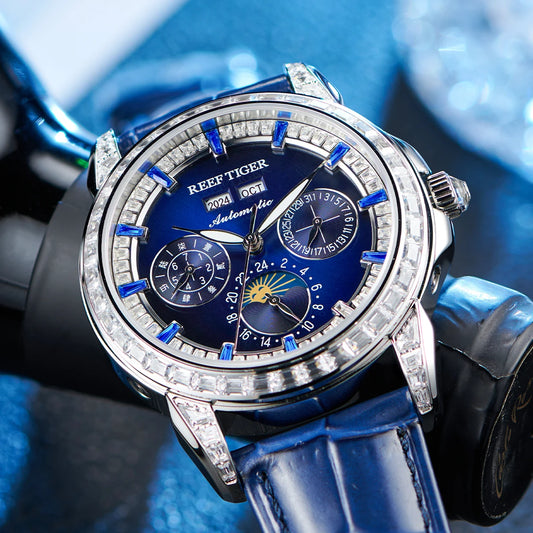 automatic moonphase  watch by reef tiger diamonds bezel, blue dial