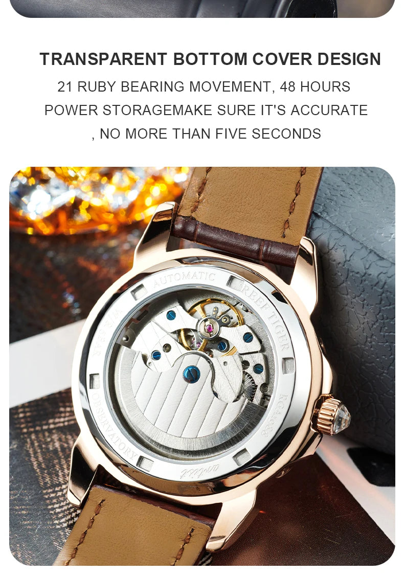 automatic moonphase  watch by reef tiger diamonds bezel, blue dial