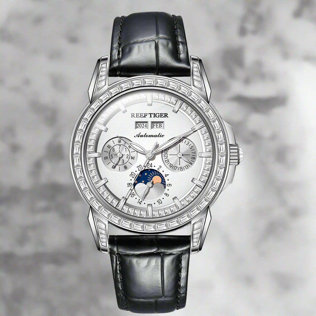 automatic moonphase  watch by reef tiger diamonds bezel, blue dial