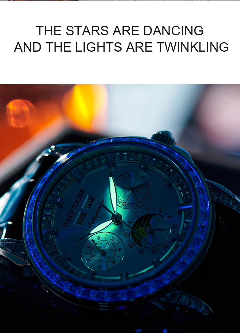 automatic moonphase  watch by reef tiger diamonds bezel, blue dial
