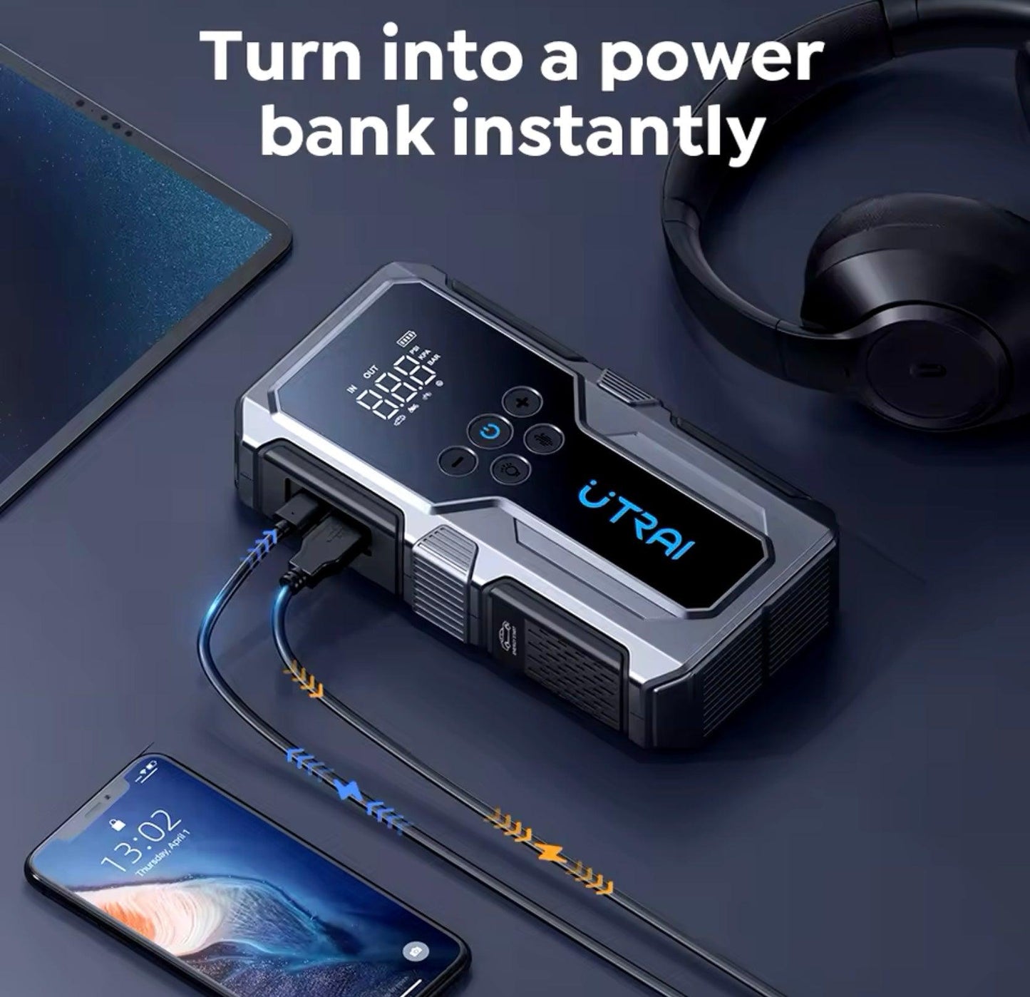 utrai 150psi air pump car battery emergency boosters, 1500a car jump starter power bank, portable starting device car starter, new - ARI