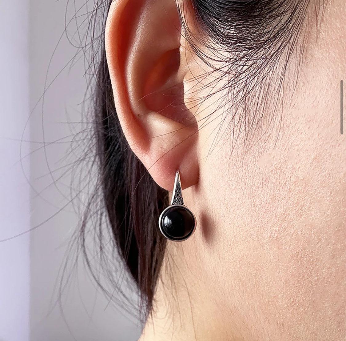 925 Sterling Silver women round natural stone simple vintage earrings fashion jewellery - ARI