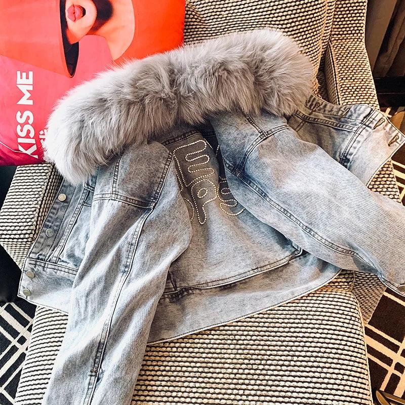 Limited availability Real Fox fur thick warm denim parkas female winter coat - ARI