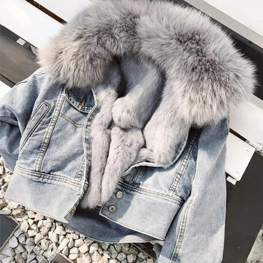 Limited availability Real Fox fur thick warm denim parkas female winter coat - ARI