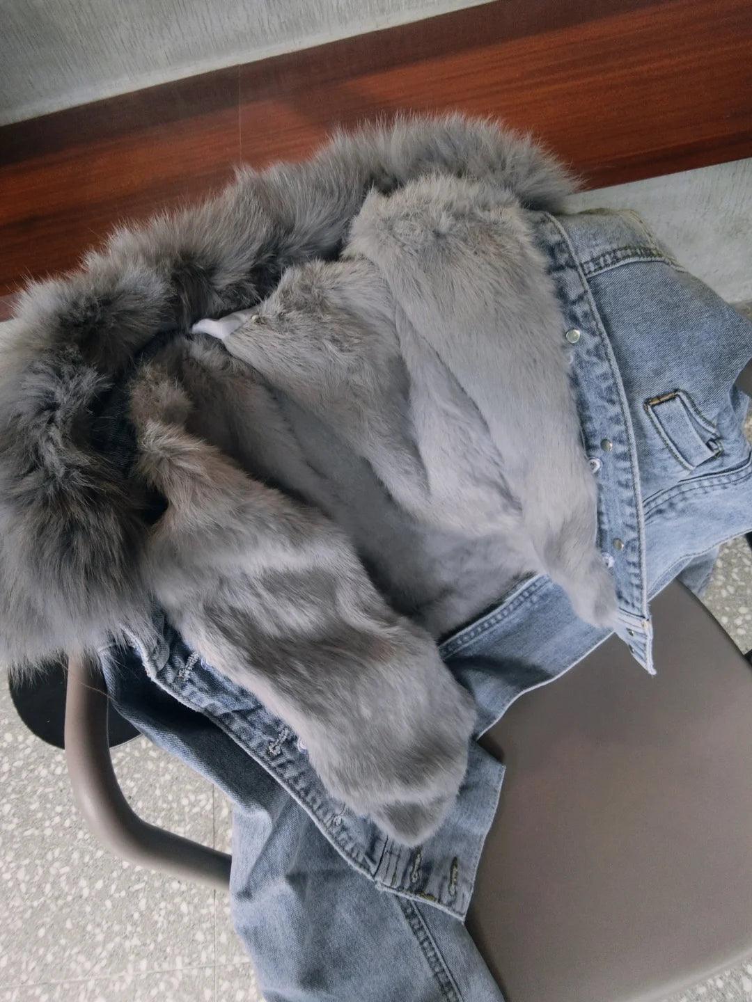 Limited availability Real Fox fur thick warm denim parkas female winter coat - ARI