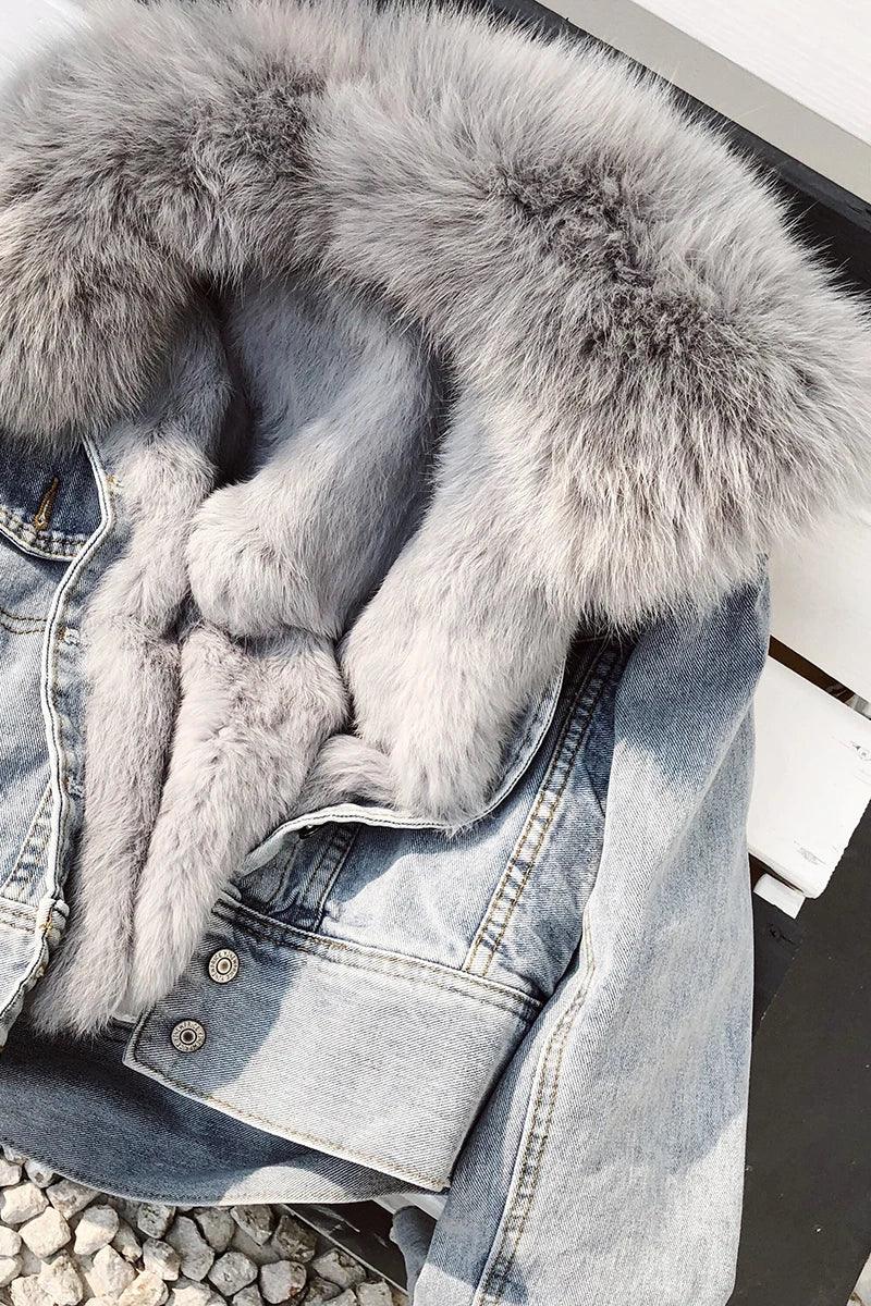 Limited availability Real Fox fur thick warm denim parkas female winter coat - ARI