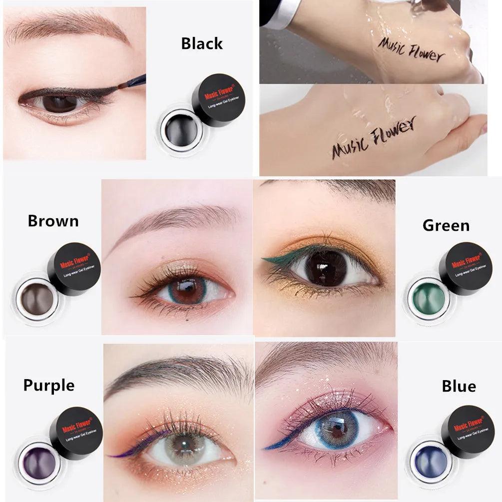 music flower eye makeup 2 in 1 brown black gel eyeliner cream waterproof creamy texture eye liner set with brushes - ARI