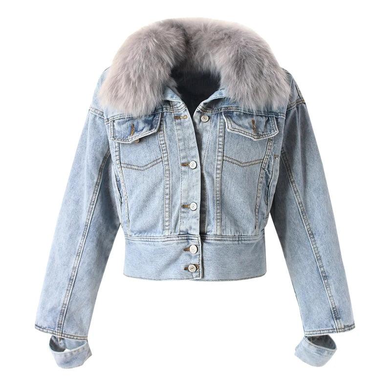 Limited availability Real Fox fur thick warm denim parkas female winter coat - ARI