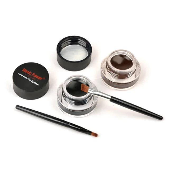 music flower eye makeup 2 in 1 brown black gel eyeliner cream waterproof creamy texture eye liner set with brushes - ARI