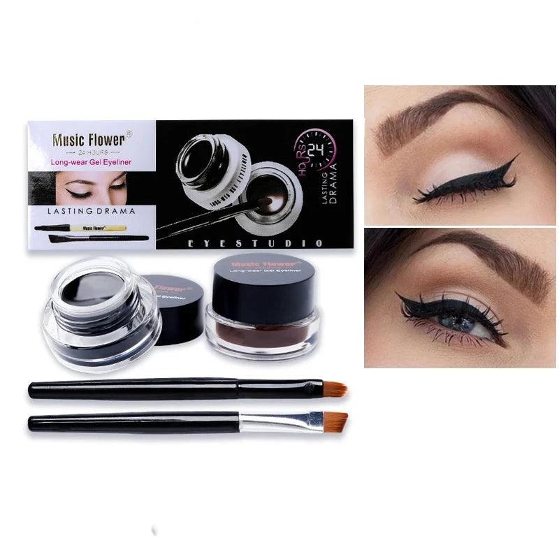 music flower eye makeup 2 in 1 brown black gel eyeliner cream waterproof creamy texture eye liner set with brushes - ARI