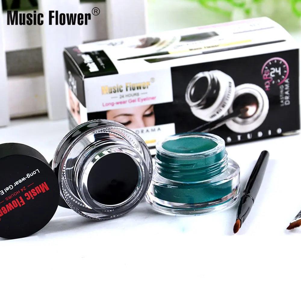 music flower eye makeup 2 in 1 brown black gel eyeliner cream waterproof creamy texture eye liner set with brushes - ARI
