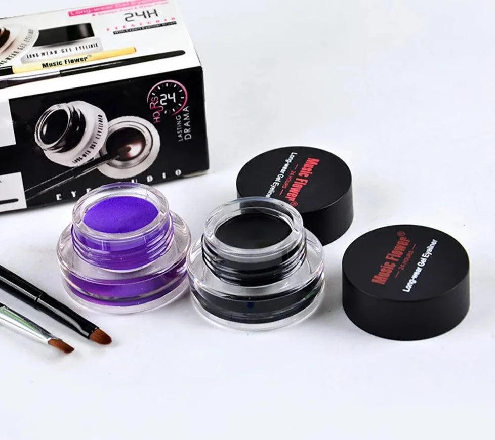 music flower eye makeup 2 in 1 brown black gel eyeliner cream waterproof creamy texture eye liner set with brushes - ARI