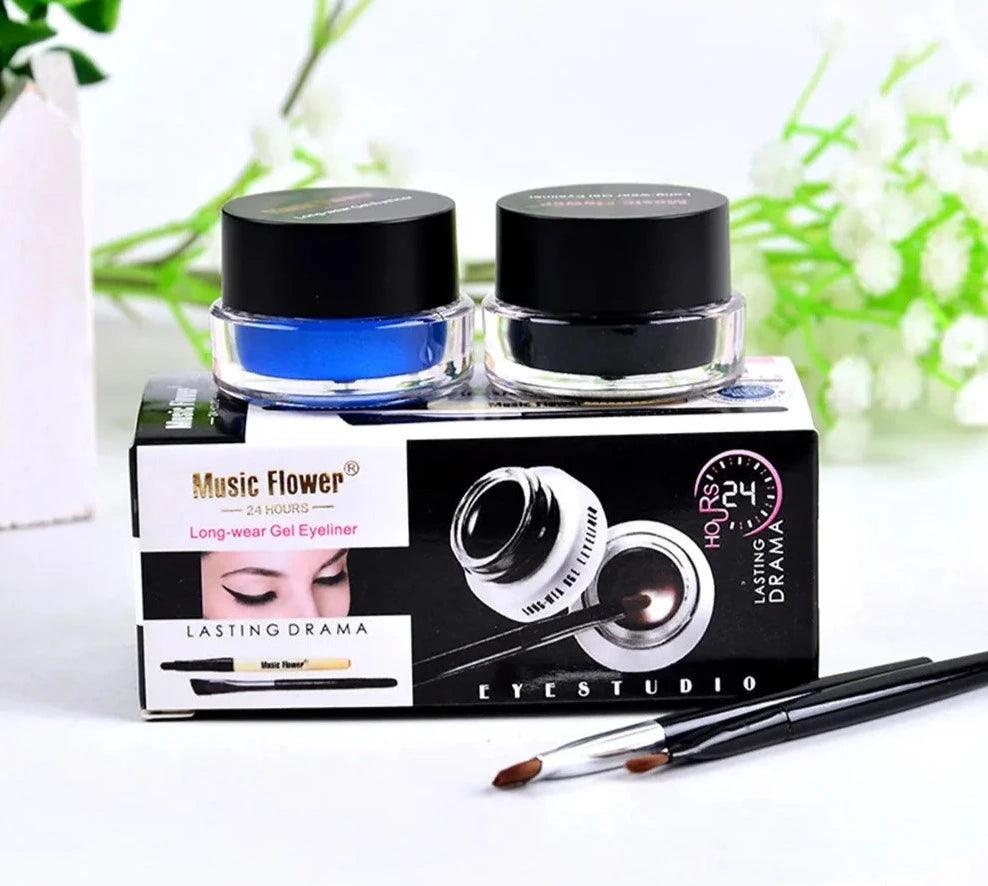 music flower eye makeup 2 in 1 brown black gel eyeliner cream waterproof creamy texture eye liner set with brushes - ARI