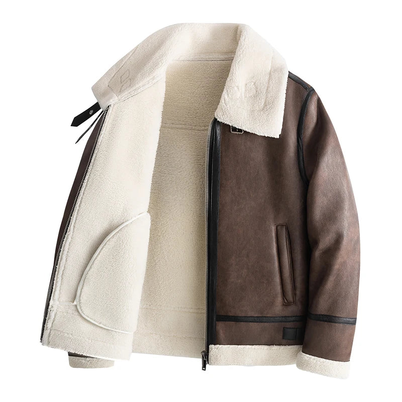 Thick warm coat luxury fur lamb wool leather cashmere leather