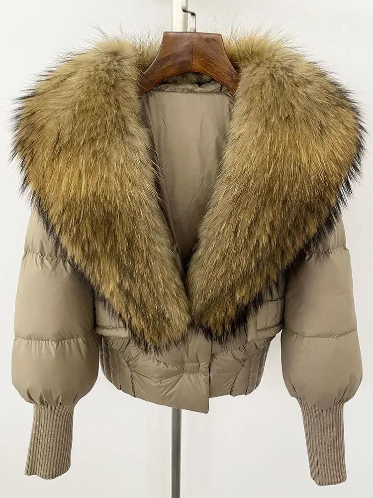 Winter girls jacket with real raccoon fox fur collar loose fit coat - ARI