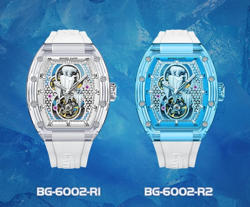 BONEST GATTI Men luxury automatic watch – polar bear skeleton dial with fluoro rubber strap