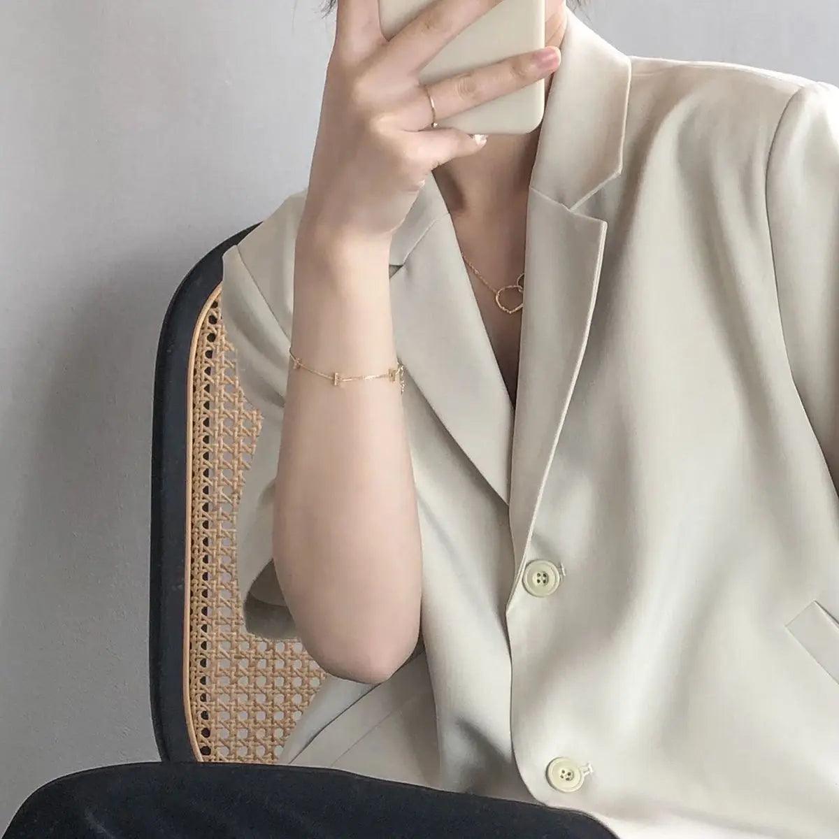 suit top women thin jacket outerwears casual short sleeve blazers solid cotton coats - ARI