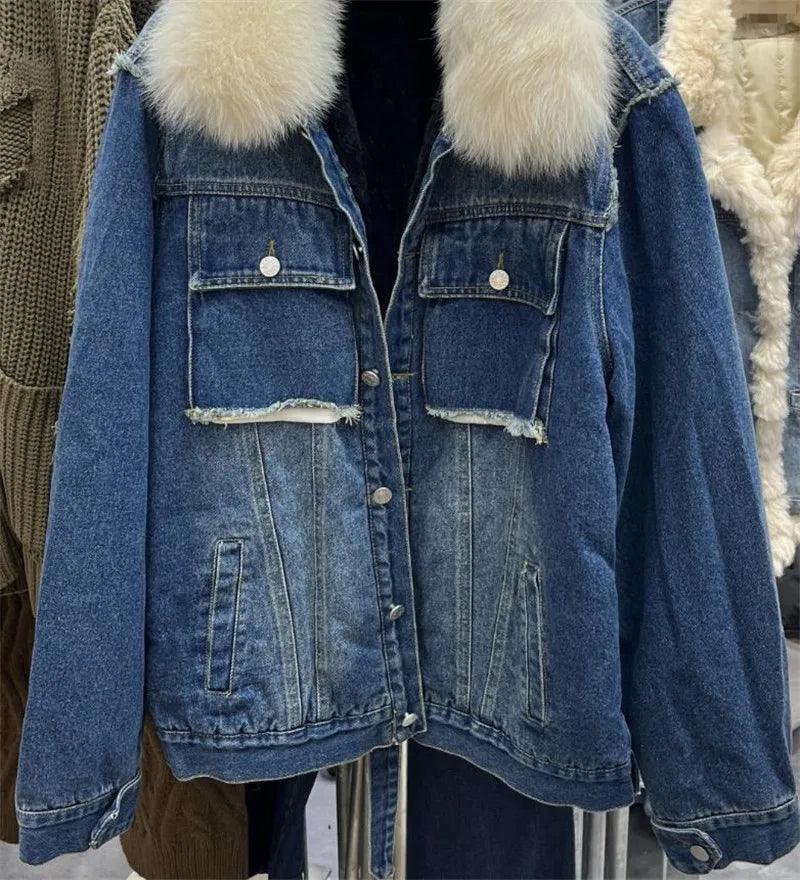 Limited availability Real Fox fur thick warm denim parkas female winter coat - ARI