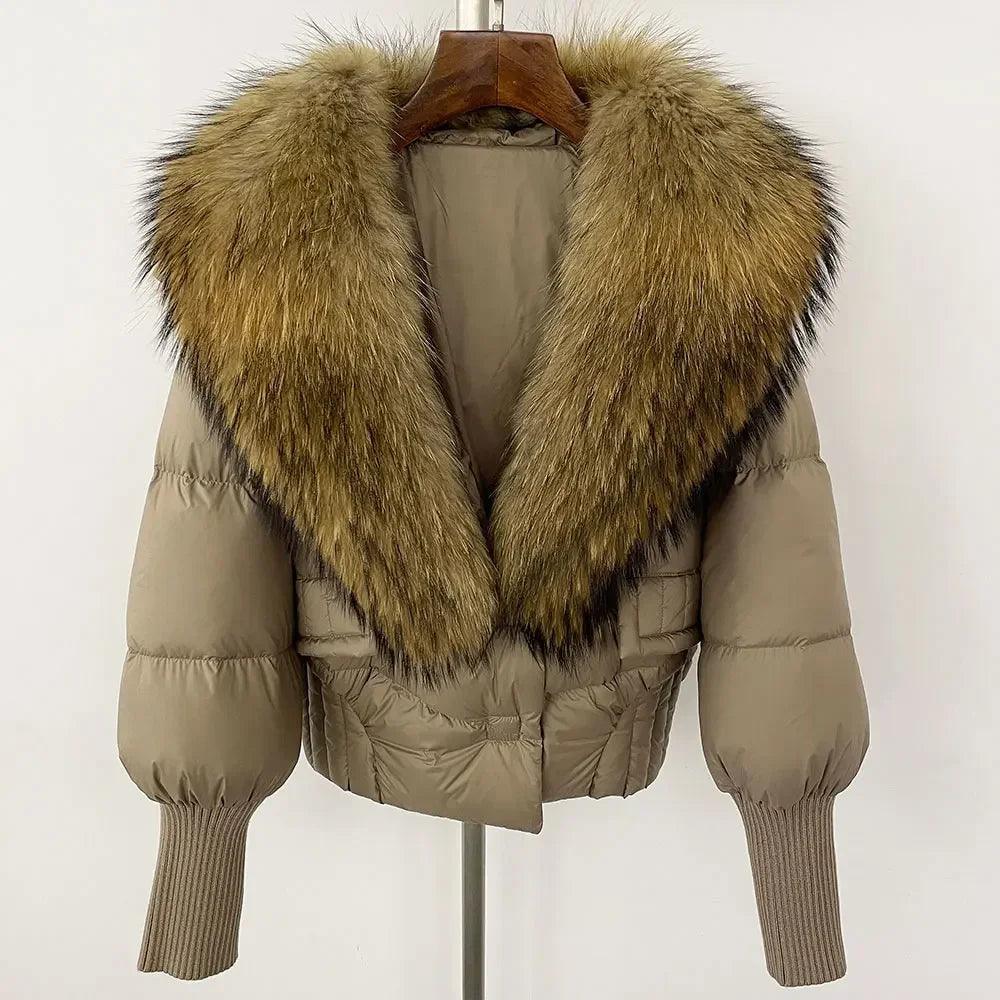 Winter girls jacket with real raccoon fox fur collar loose fit coat - ARI