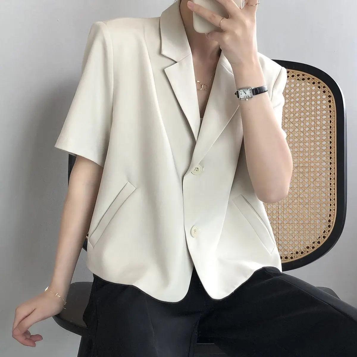 suit top women thin jacket outerwears casual short sleeve blazers solid cotton coats - ARI