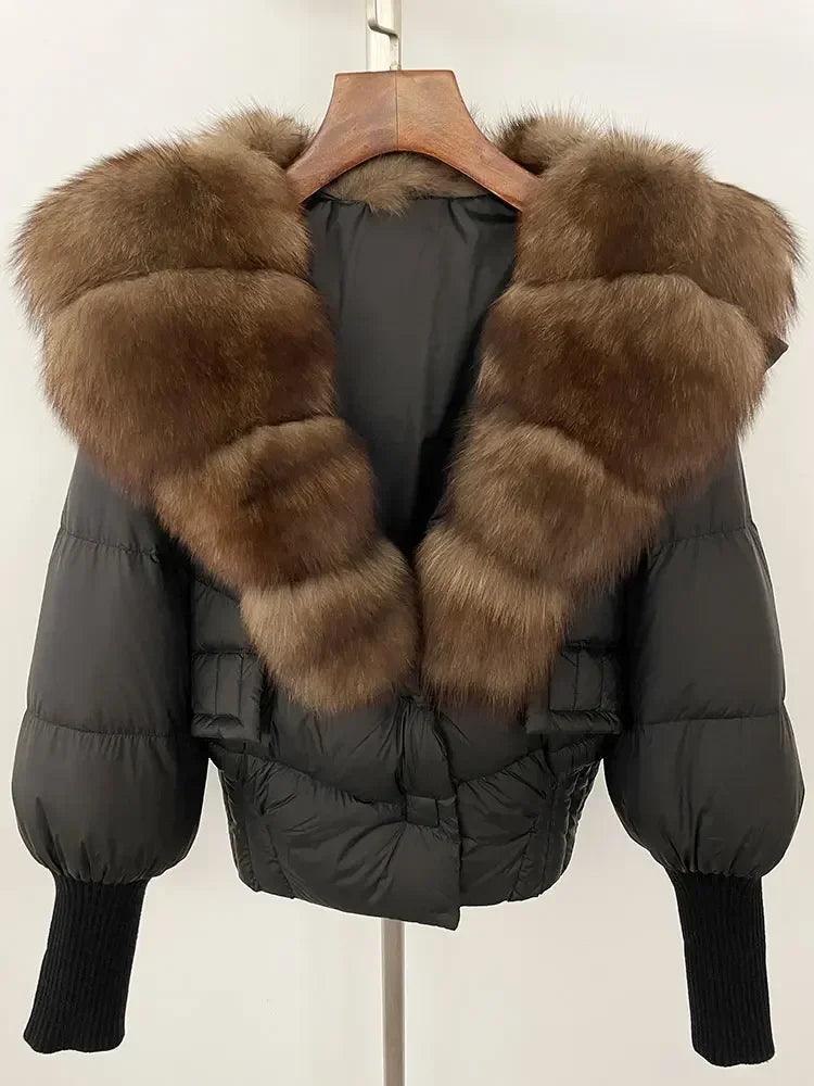 Winter girls jacket with real raccoon fox fur collar loose fit coat - ARI